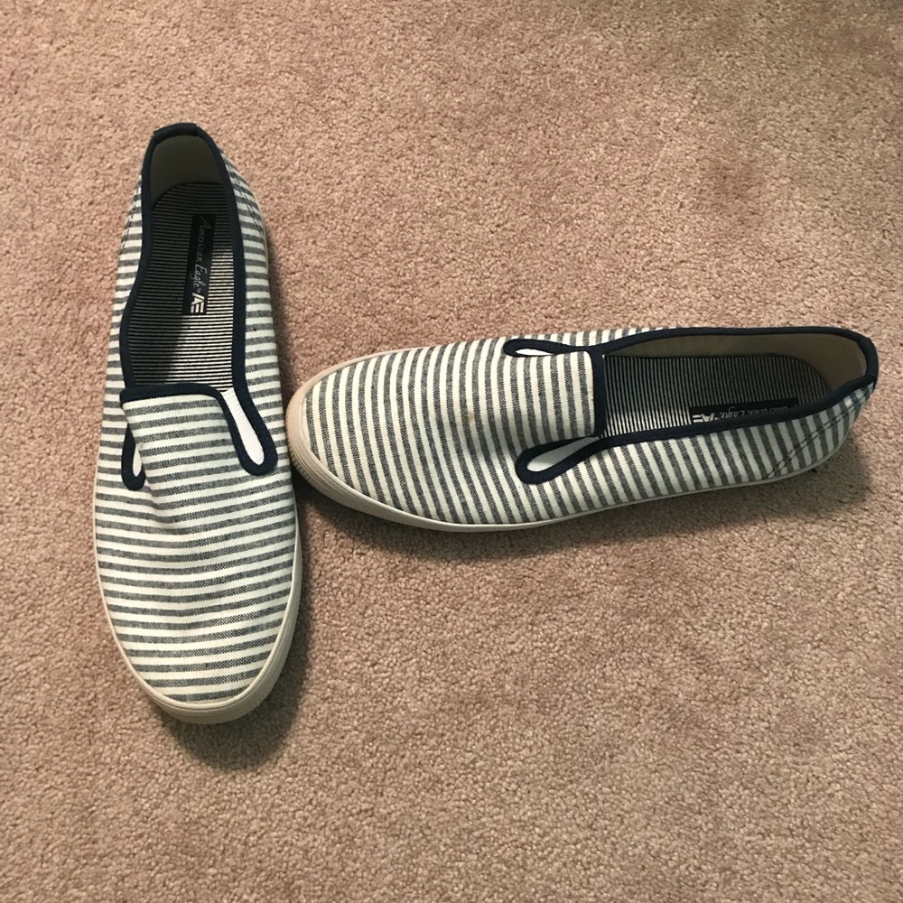Navy Blue and White Striped Slip-ons